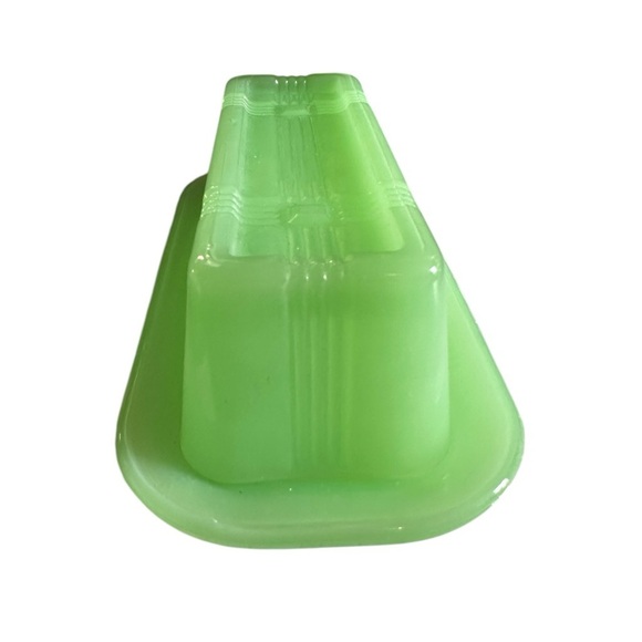 TPC Jadeite Butter Dish Green Glass Covered Tray Criss Cross Striped Retro - Picture 3 of 9